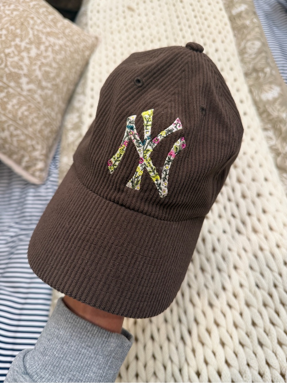 Urban Outfitters Brown Corduroy Kids Baseball Cap with Floral Logo